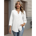 Zeagoo Button Down Shirts For Women 3/4 Sleeve Linen Cotton V Neck Tops Dressy Casual Loose Work Blouses
