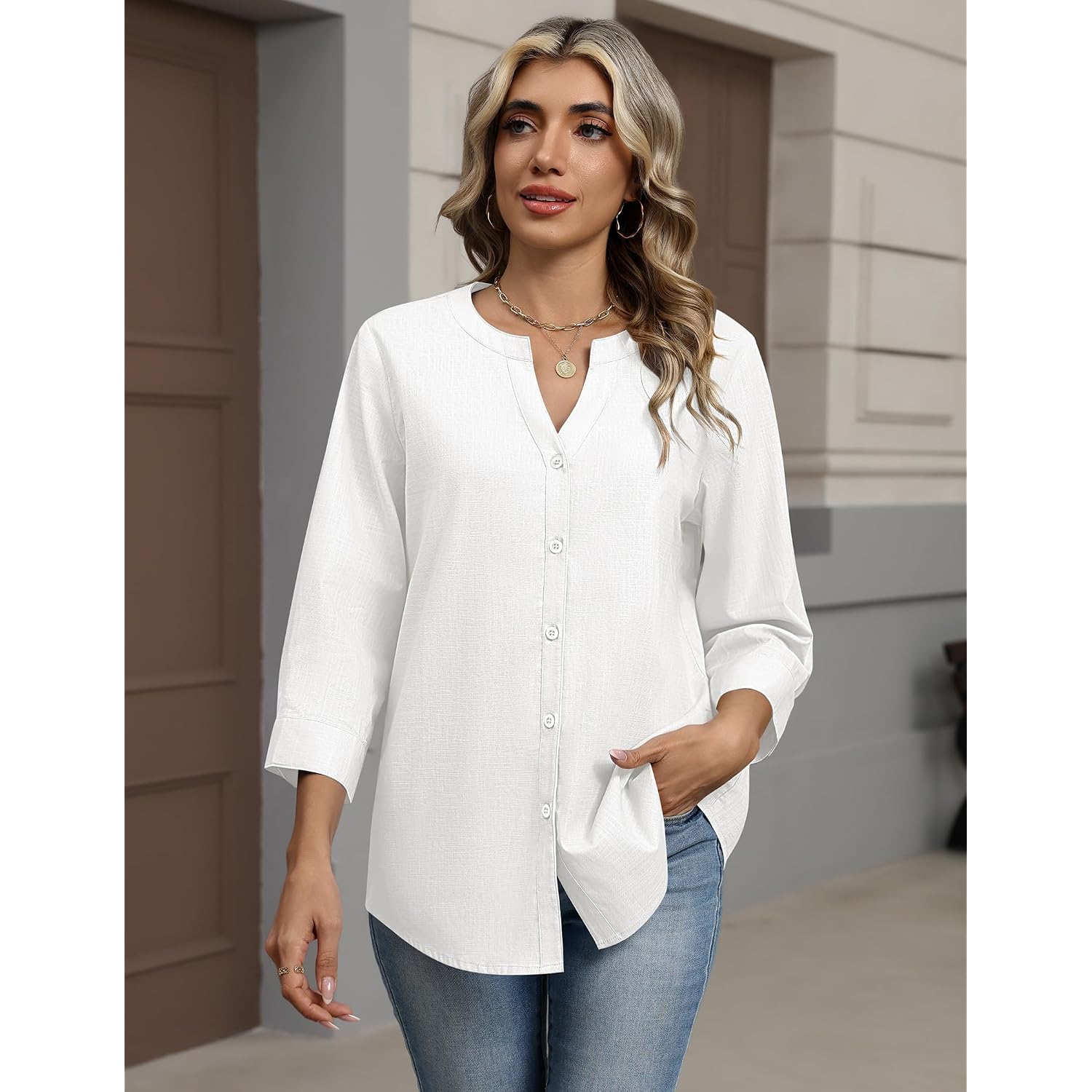 Zeagoo Button Down Shirts For Women 3/4 Sleeve Linen Cotton V Neck Tops Dressy Casual Loose Work Blouses
