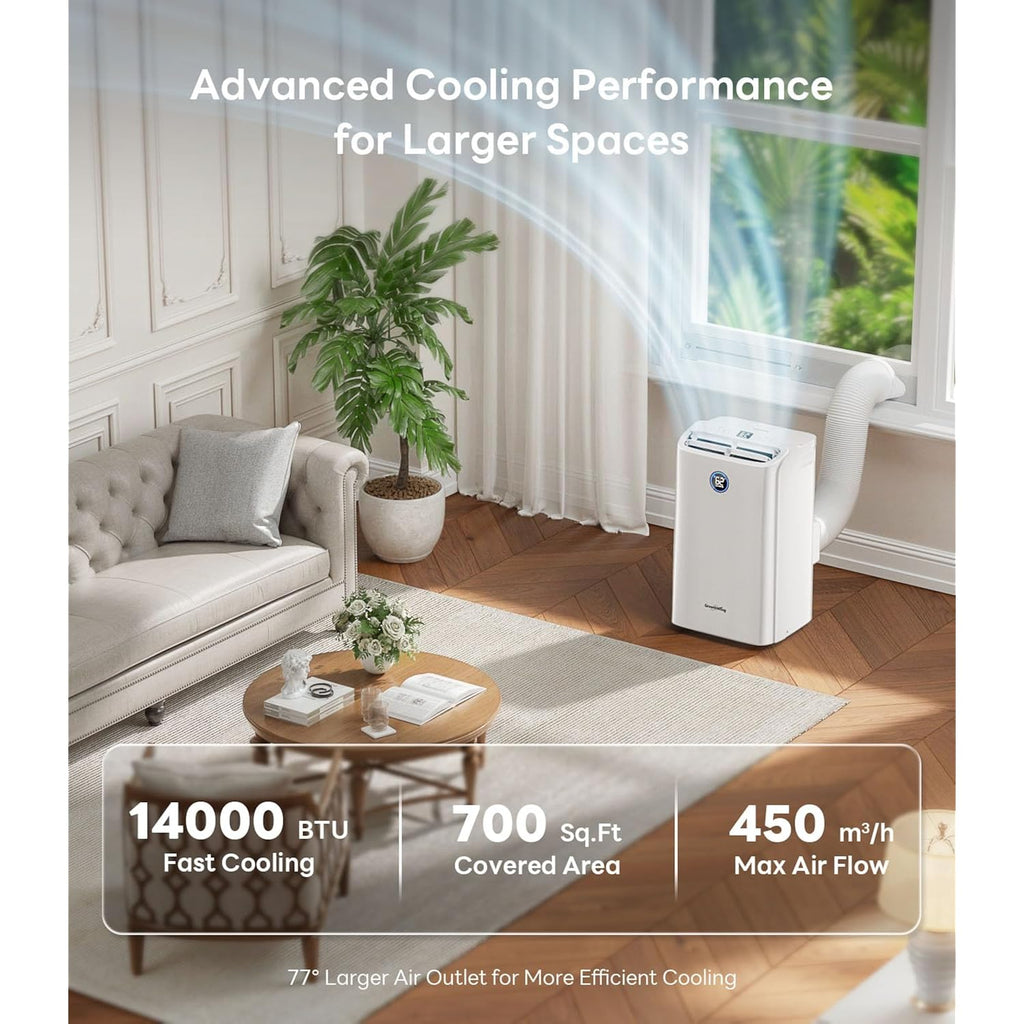 14,000 Btu Smart Wifi Portable Air Conditioner, Cools Up To 700 Sq.Ft, Auto-Evaporation, 3-In-1 Modes, Voice & Remote Control, Quiet Operation, White