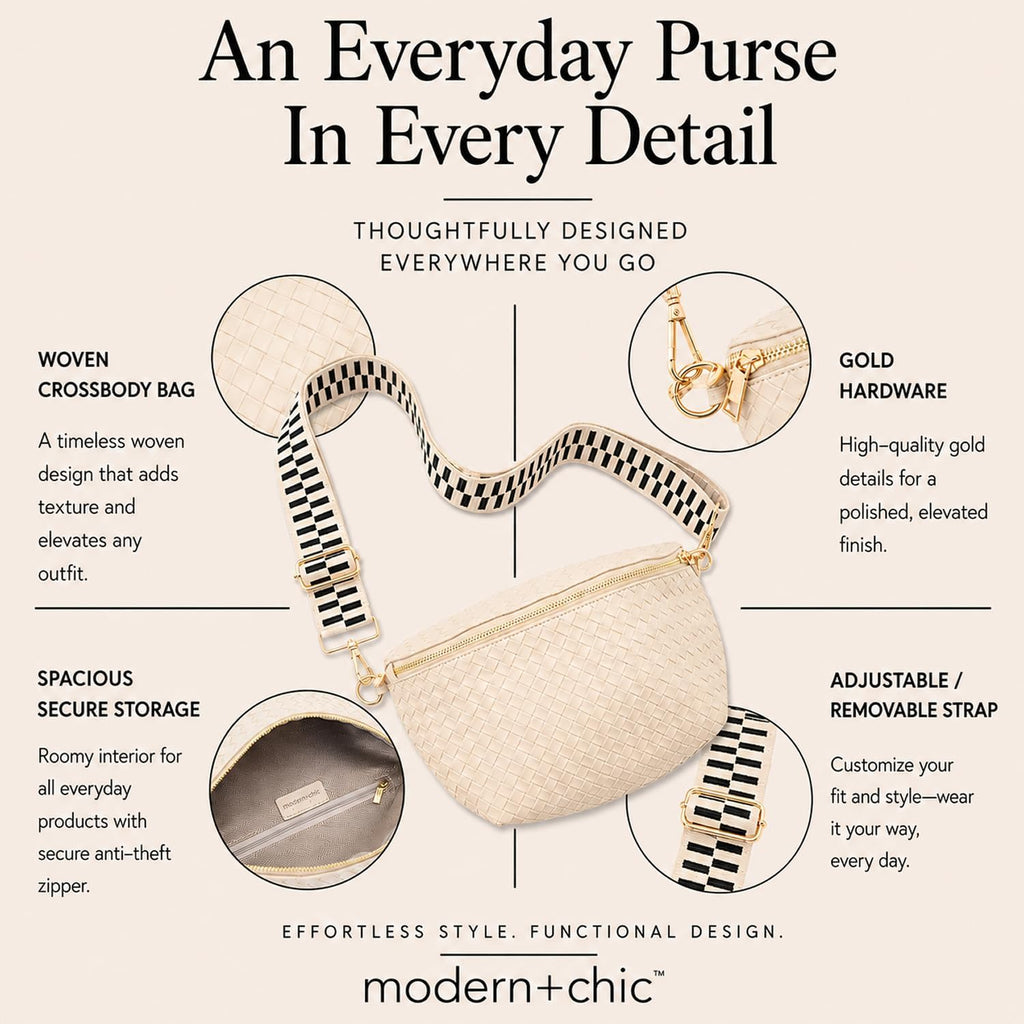 Modern Chic Woven Crossbody Bags For Women - Rory Vegan Leather Purse, Adjustable Strap, Lightweight - Pressed Woven