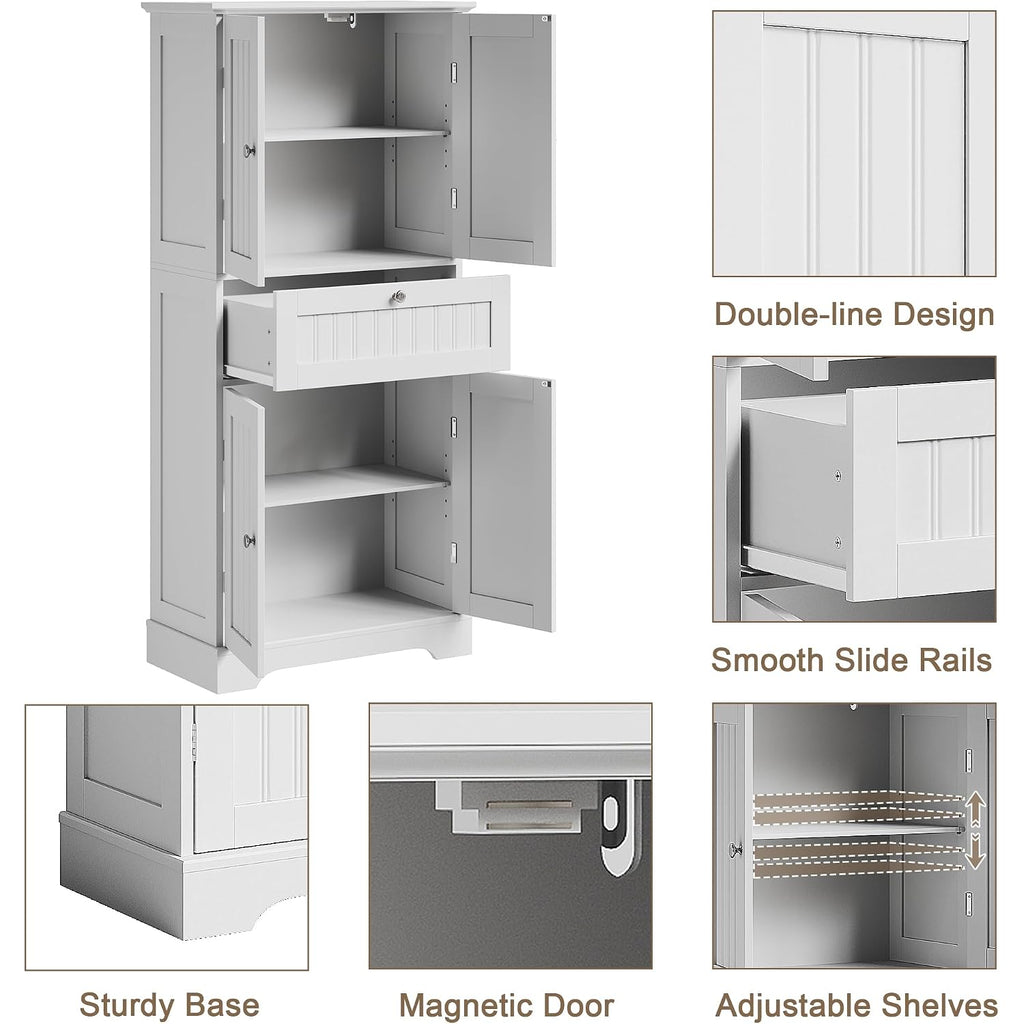 Choochoo 51" H Bathroom Floor Cabinet With Drawers And Adjustable Shelves | Bathroom Storage Cabinet, Freestanding Kitchen Pantry Cupboard With 4 Doors For Living Room, White