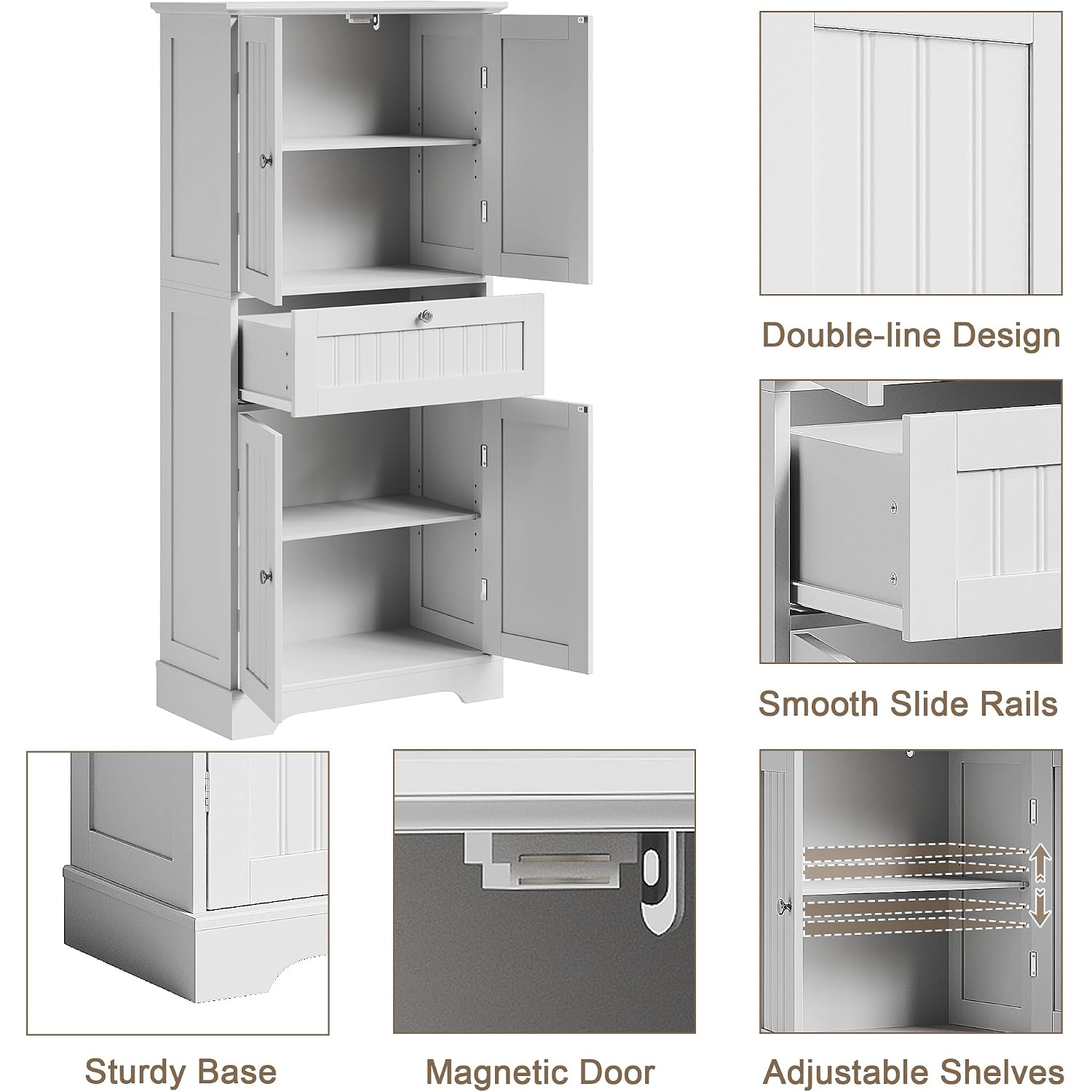 Choochoo 51" H Bathroom Floor Cabinet With Drawers And Adjustable Shelves | Bathroom Storage Cabinet, Freestanding Kitchen Pantry Cupboard With 4 Doors For Living Room, White