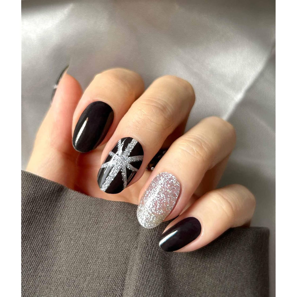 Nail Polish Strips (No UV Lamp Needed) - 22 Pcs Salon Quality Gel Nail Stickers - Long Lasting Wraps (Saint Black Glitter)