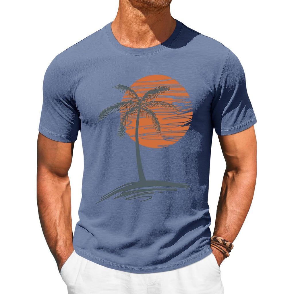 Runcati Mens Short Sleeve T-Shirts Graphic Crew Neck Casual Shirt Summer Beach Palm Tree Printed Vintage Hawaiian Tees