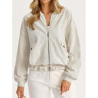 Tankaneo Womens Lightweight Bomber Jackets Casual Zip Up Drawstring Cotton Linen Jacket With Pockets