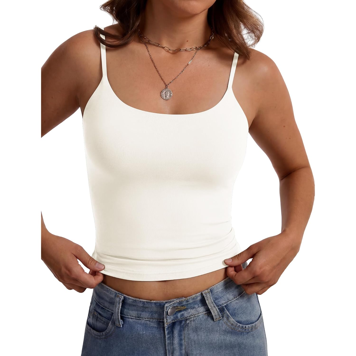 LOMON Womens Camisole Tops Padded Double Lined Cami Top Square Neck Spaghetti Strap Tank Slim Fit Basic Layering