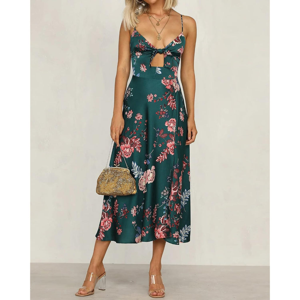 Fashionme Women Spaghetti Strap Midi Satin Dresses Tie Front Backless Slit Cutout Dress Semi-Formal/Casual Flowy Lightweight