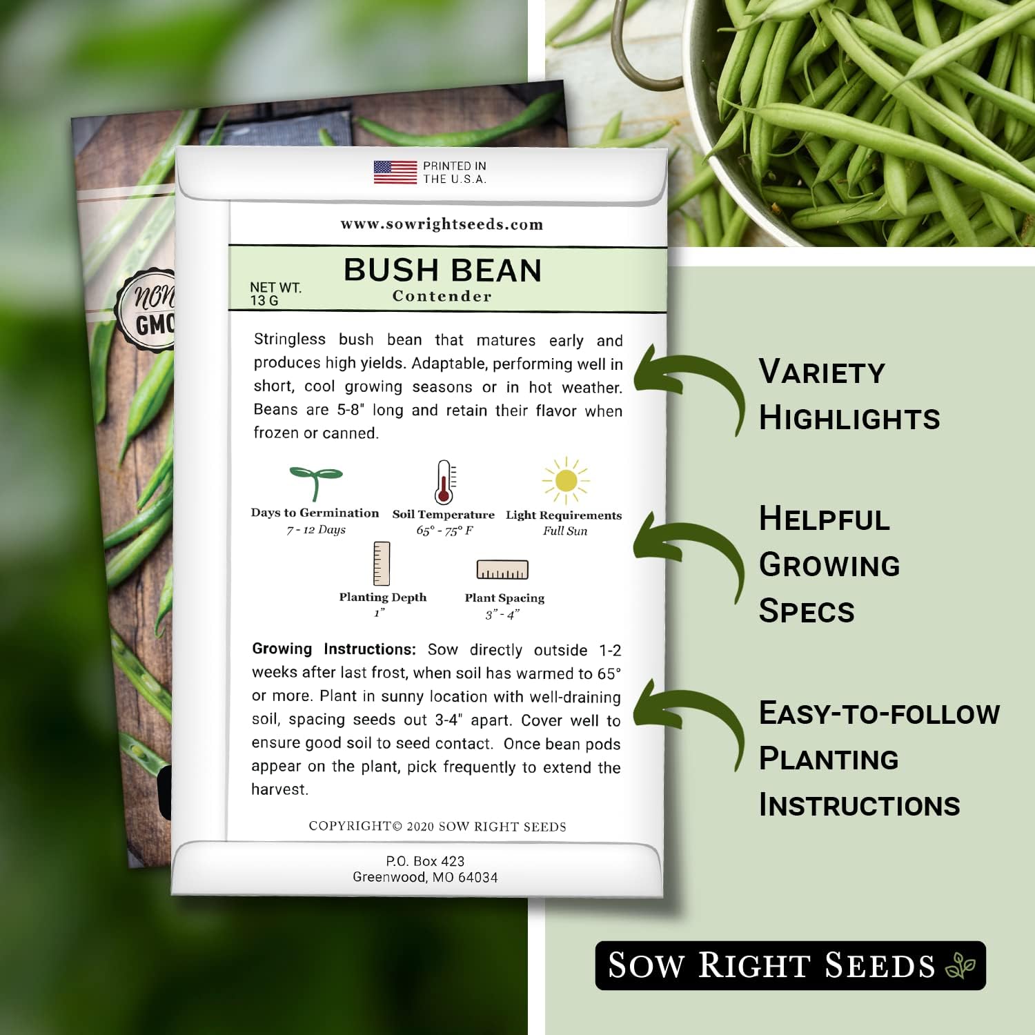 Sow Right Seeds - Contender Bush Bean Seed For Planting Green Beans Garden | Plant Stringless Non-Gmo Heirloom Variety For Home Outdoors Vegetable Gardening. Popular Fresh Veggies For Growing Outside.