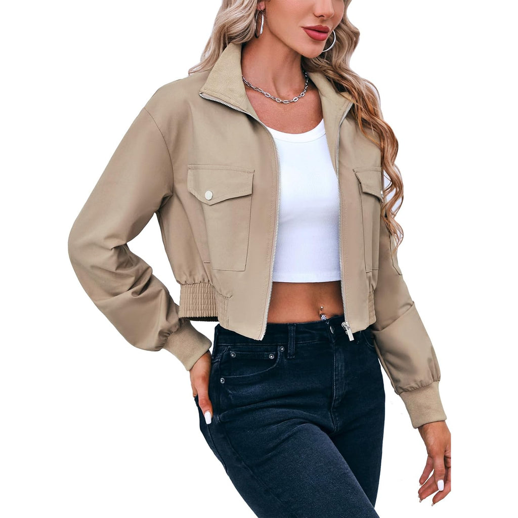 Fisoew Women'S Cropped Bomber Jackets Lightweight Zip Up Stand Collar Long Sleeve Short Jacket With Pockets