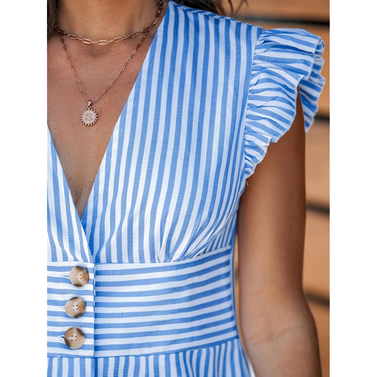 Cupshe Women'S Striped Summer Dresses V Neck Casual Mini Dress Flutter Sleeve Ruffle Button Sundresses