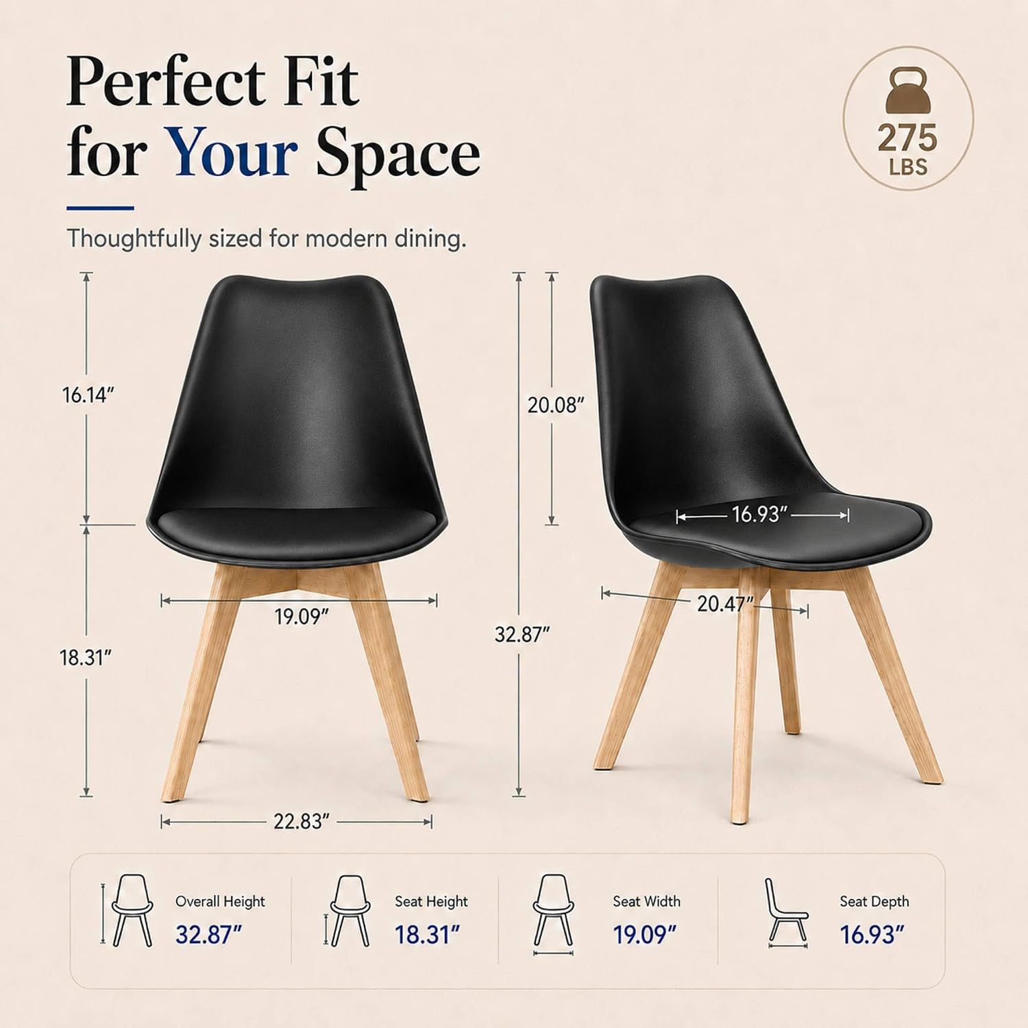 Dining Chairs Set Of 4, Modern Upholstered Dining Room Chairs With Pu Leather Padded Seat, Armless Kitchen Chairs With Curved Backrest And Solid Wood Legs For Dining Room, Kitchen, Apartment, Black