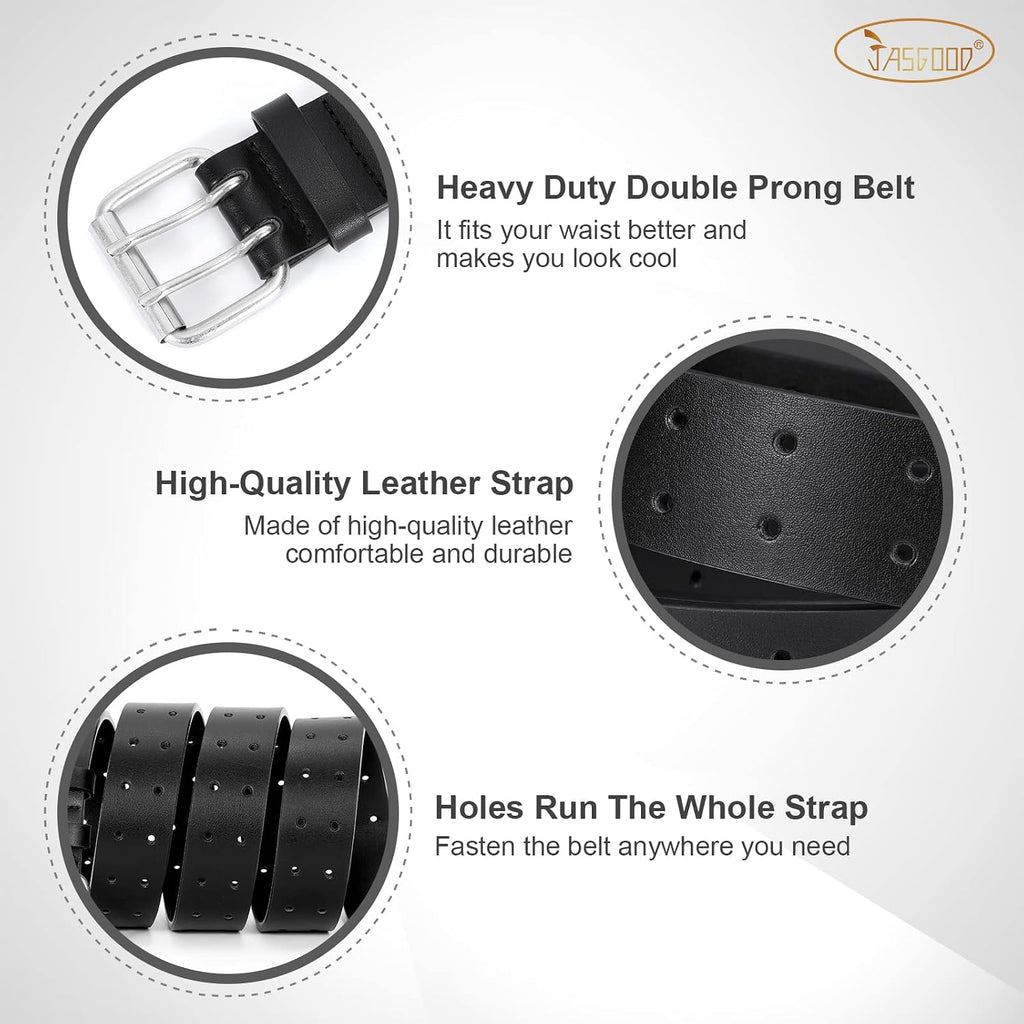 Jasgood Men Double Prong Pu Leather Belt Casual Work Heavy Duty Belt Double Grommet Holes Belt For Jeans