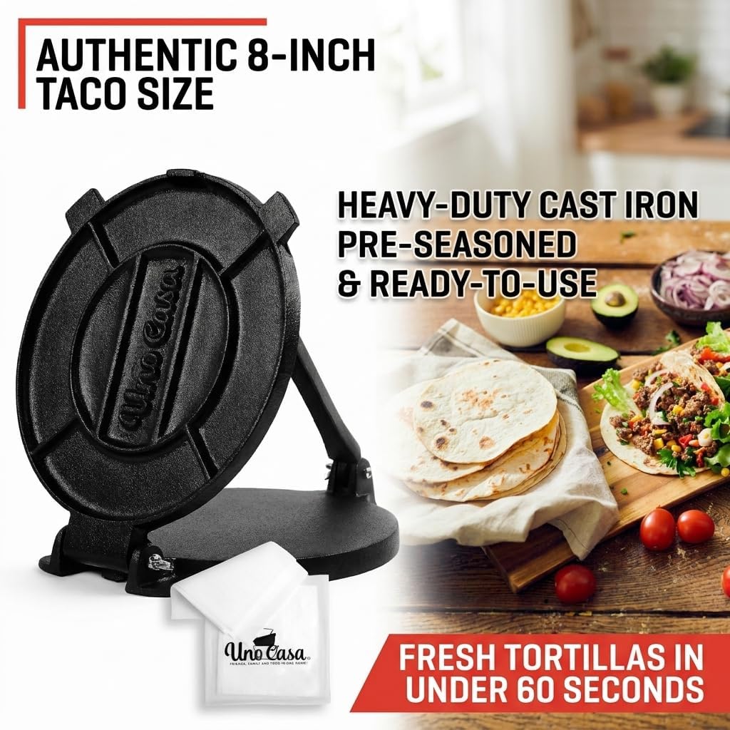 Uno Casa Cast Iron Tortilla Press 8 Inch - Tortilla Maker Press, Pre-Seasoned Roti Maker With 100 Pcs Parchment Paper - Heavy Duty Quesadilla Maker For Homemade Flatbreads, Rotis, Empanadas