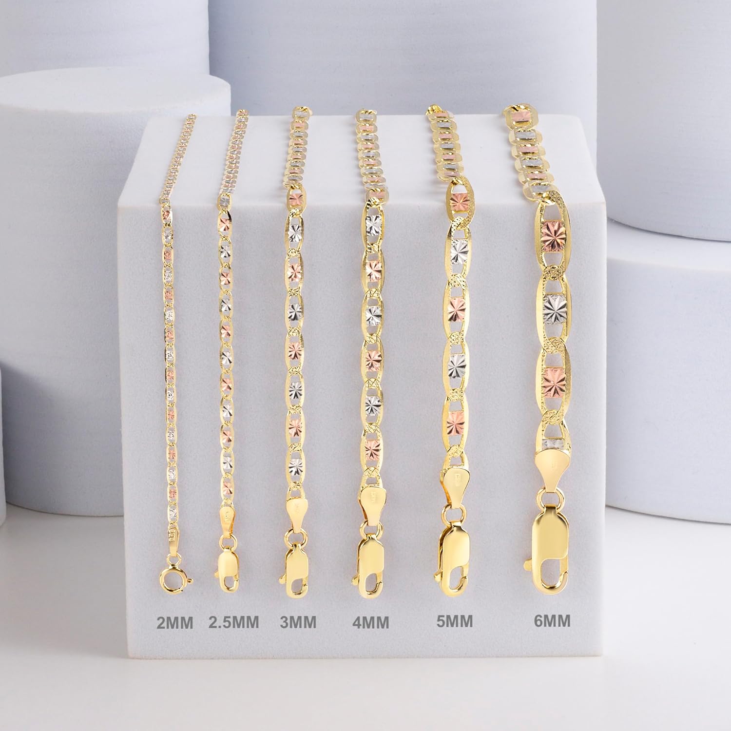 EVAYA 14K Solid Tri-Color Valentino Star Chain for Women & Men, 2mm-6mm, 16"-30"