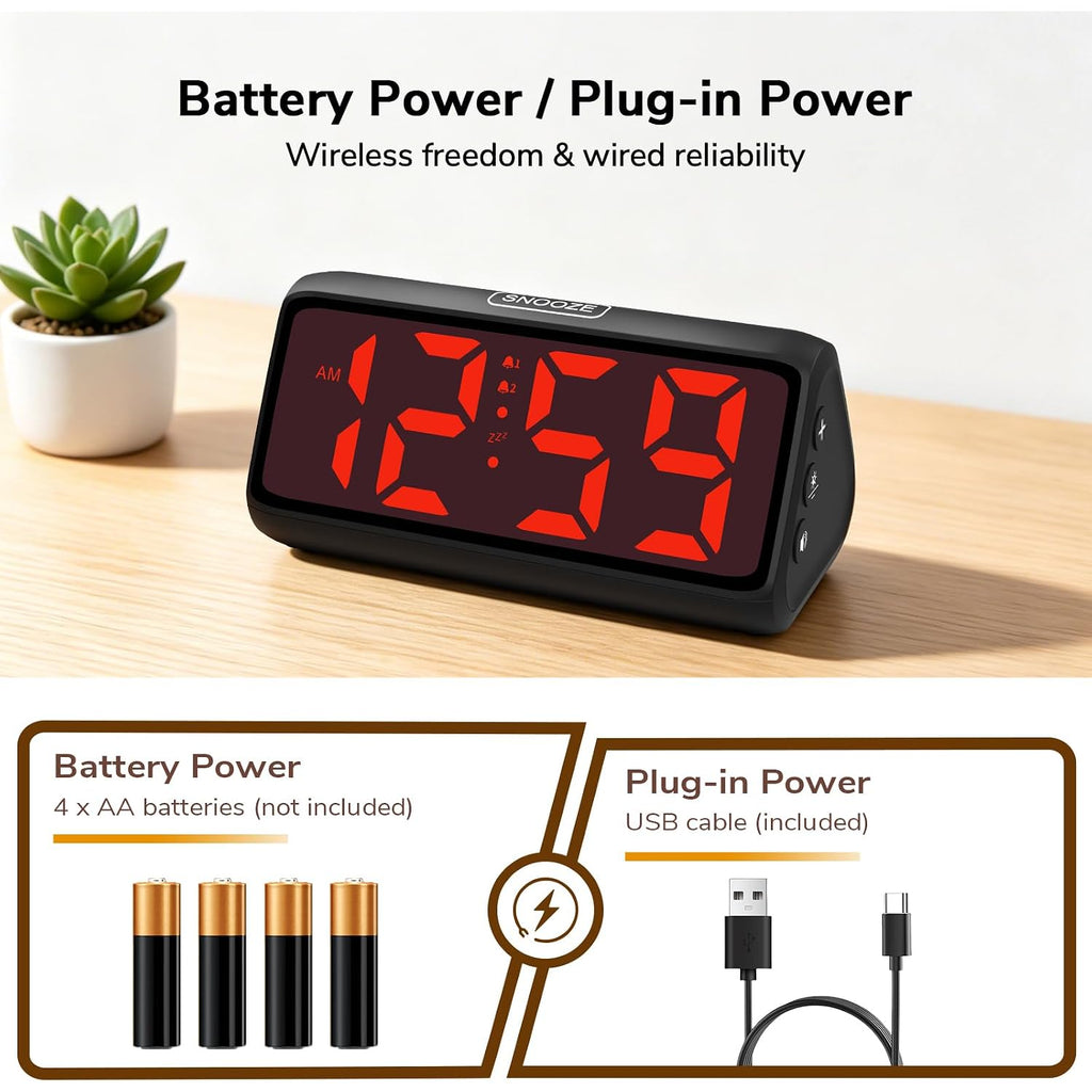 2-In-1 Battery & Usb Dual Operated Alarm Clock, Portable Cordless Digital Clocks With Dual Alarms, Big Number,5 Dimmers, 4 Volumes, Snooze, Battery Powered
