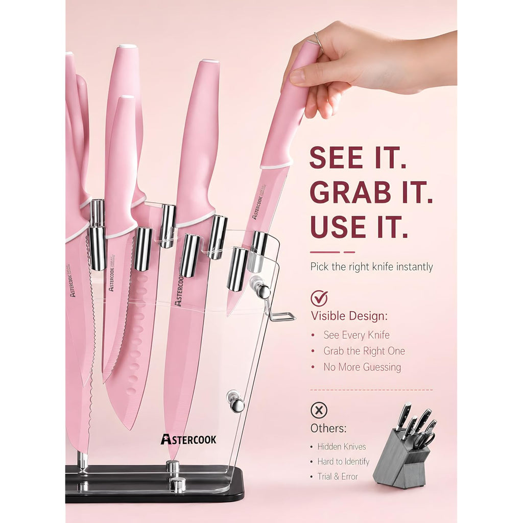 Astercook Knife Set with Block and Sharpener, 22 Piece Kitchen Knife Set Dishwasher Safe, Space-Saving Clear Knife Block with Knives for Everyday Home Cooking Pink