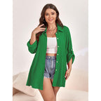 Scomchic Women Plus Size Button Down Shirts Long Roll Up Sleeve V Neck Collared Casual Blouses Oversized Shirt Tops