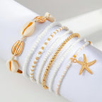 Qceasiy Bead Ankle Bracelets Set For Women, Adjustable Gold Plated Boho Shell Anklet, Hawaiian Beach Seashell Pearl Disc Starfish Conch Foot Jewelry, Summer Fashion Gifts