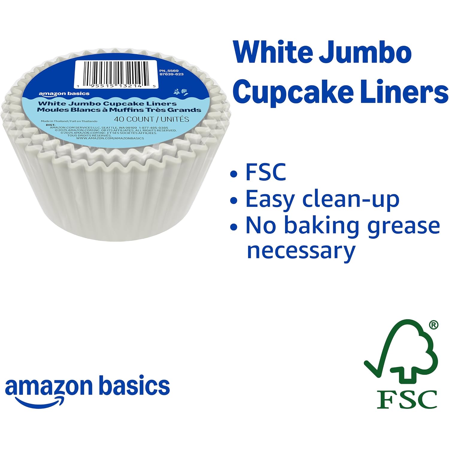 Amazon Basics White Jumbo Cupcake Liners, 40 Count, Pack Of 1