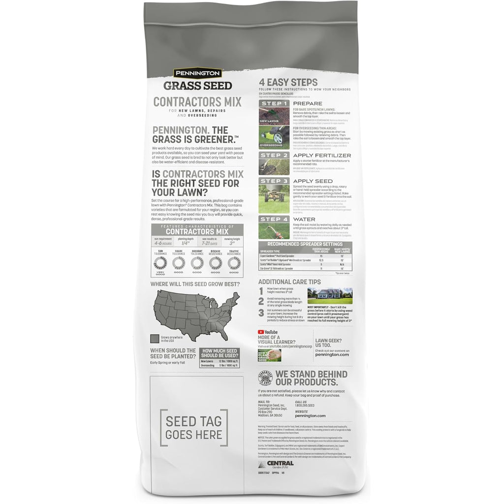 Pennington Contractors Central Grass Seed Mix, Rapid Grass Seeds For Lawn, 7 Lb