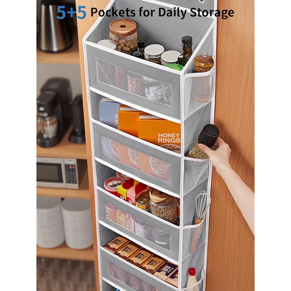 Jarlink Over The Door Organizer Storage, 5 Shelf Hanging Door Organizer With 5 Large Capacity Pockets, Anti Tilt 44 Lb Load Behind Door Storage For Bedroom, Bathroom, Pantry, Nursery, (Grey)