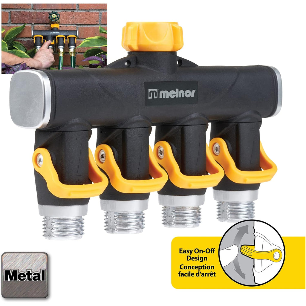 Melnor 65135Amz 4 Way Lever Flow Through Valve Connector Bundle, Yellow, Black