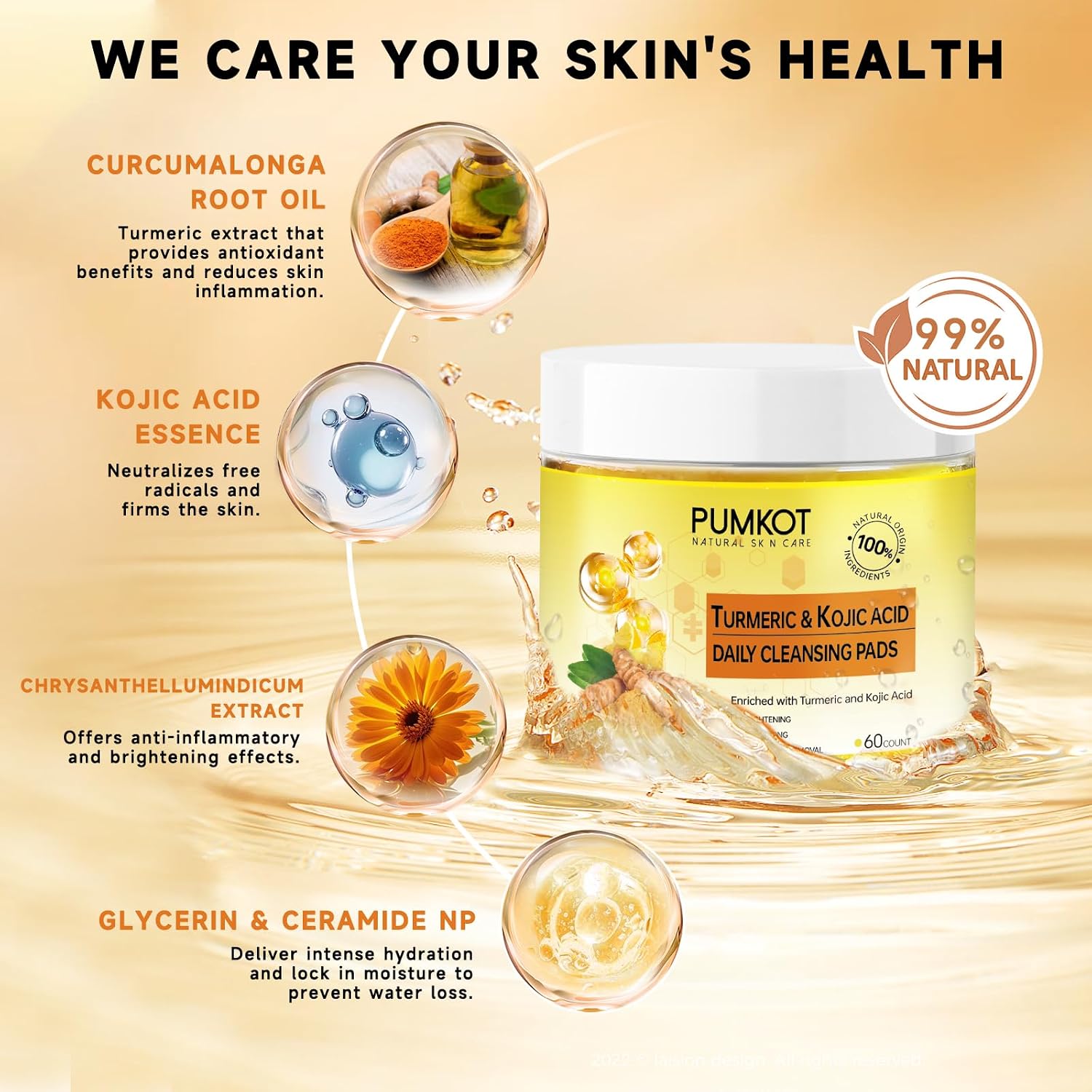 Pumkot Turmeric Kojic Acid Cleansing Pads, Turmeric Face Scrub Pads Enriched With Kojic Acid, 60Pcs