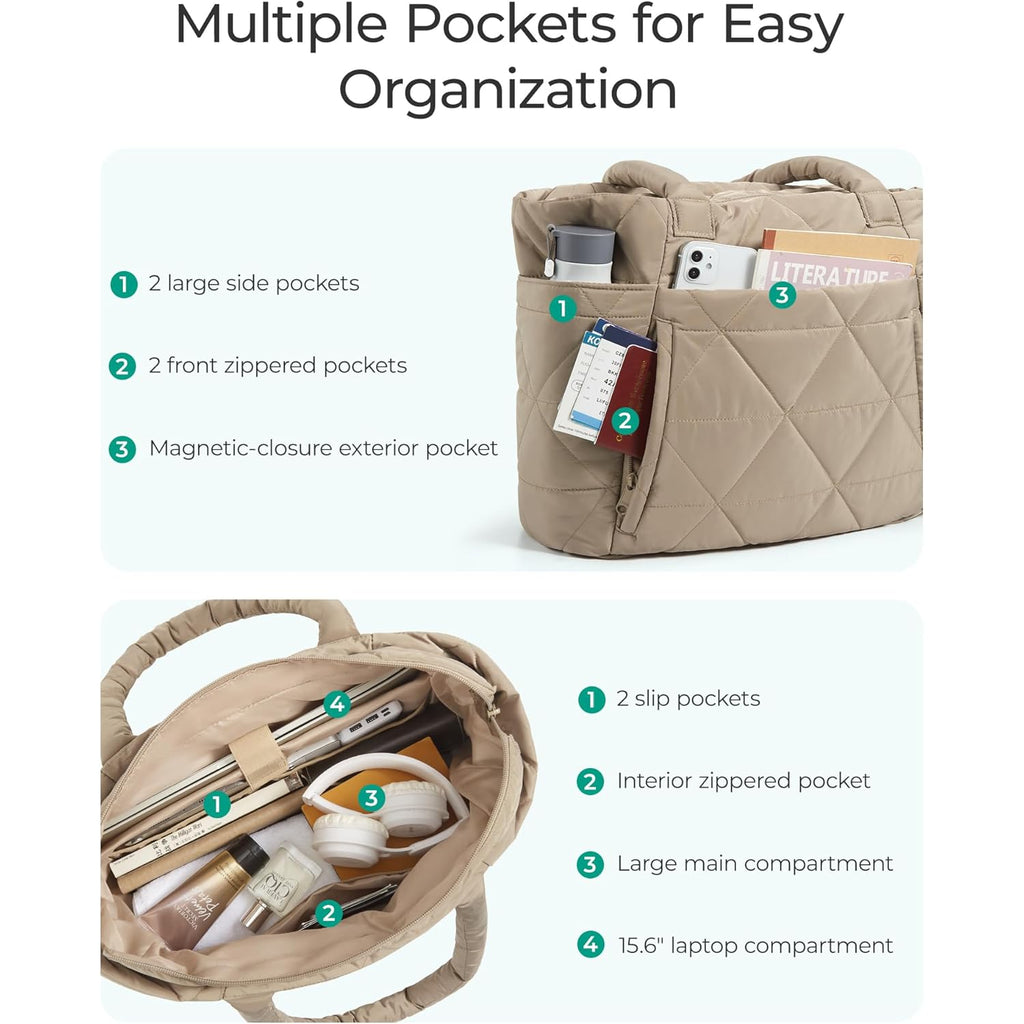 BAGSMART Tote Bag for Women, Puffer Tote Bag with Zipper, Large Quilted Shoulder Bag with Compartments for Travel, Work, Gym