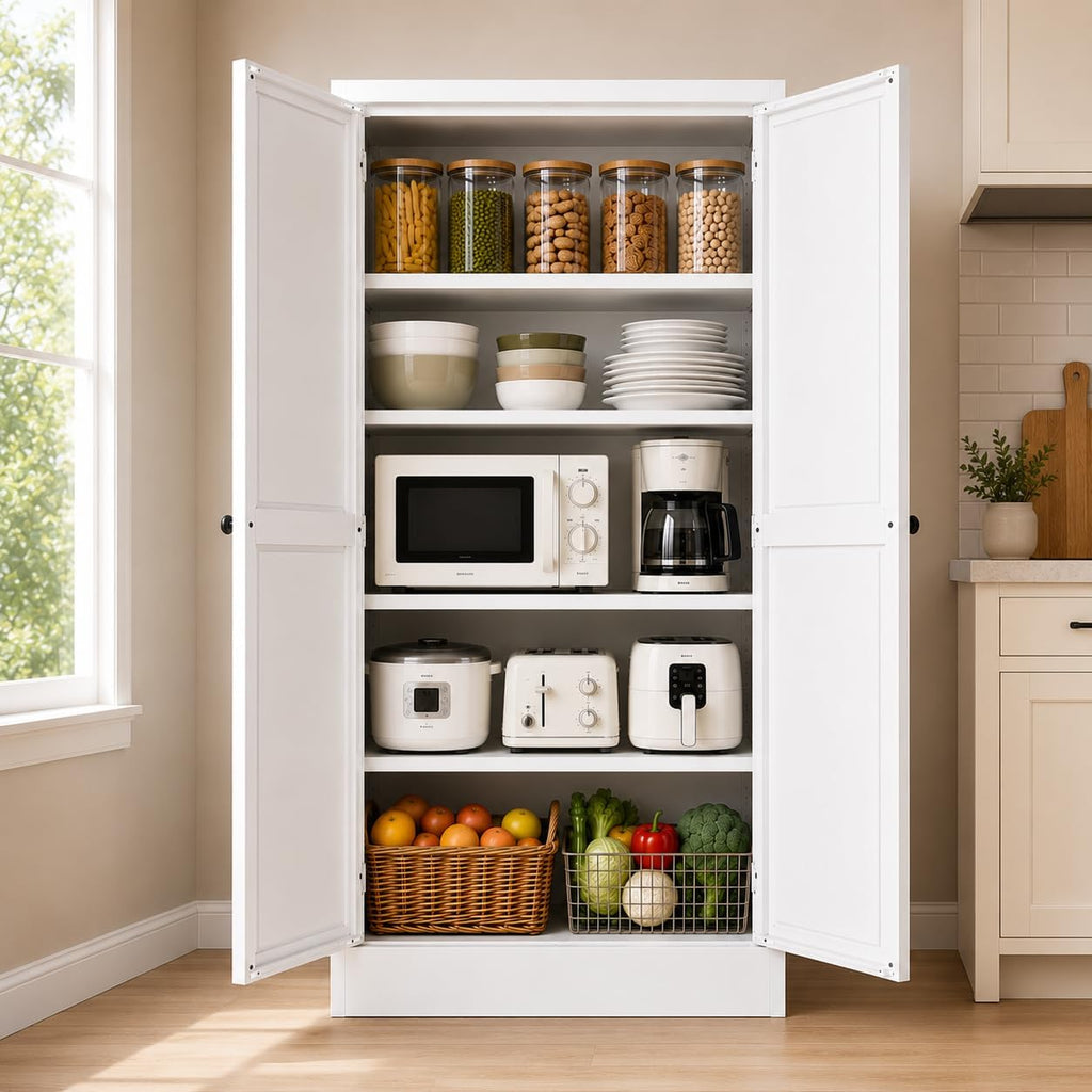 Aqy Kitchen Pantry Cabinet,61" White Pantry Storage Cabinet With 4 Tier Adjustable Shelves And 2 Doors,Freestanding Cupboard,Metal Pantry Cabinets With Handle For Living Room Kitchen Assembly Required