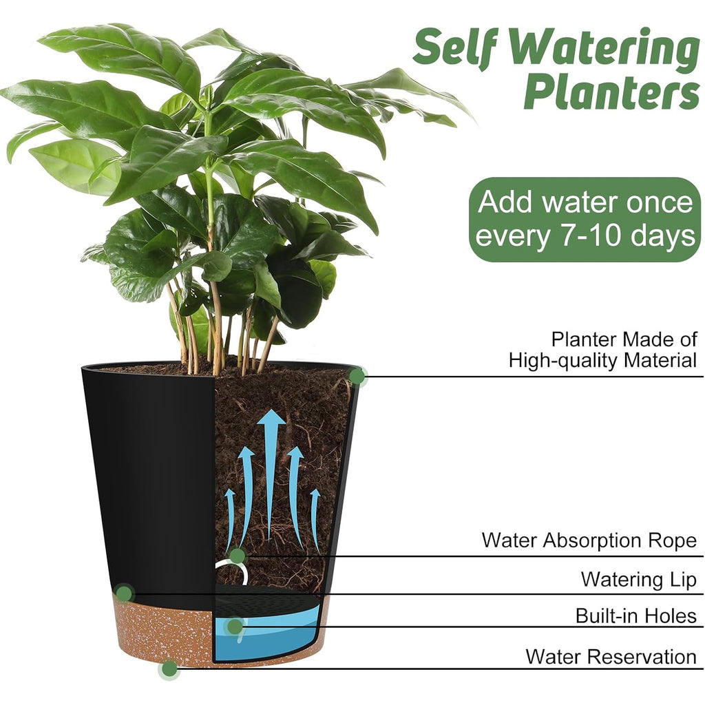 Ynnico Indoor Self Watering Planters With Drainage Holes And Saucers, 8, 7, 6.5, 6, 5.5, 5 Inches, Black, 6 Pots