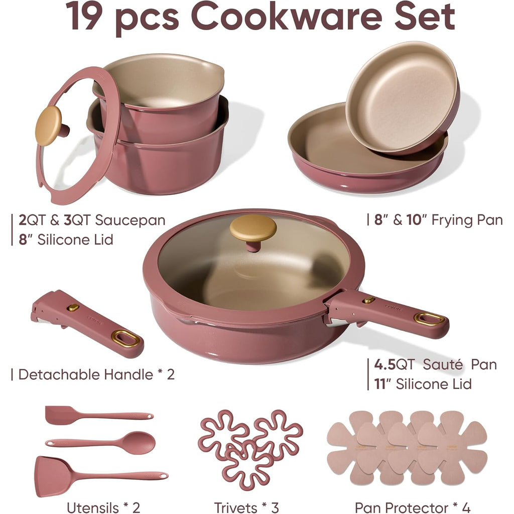 CAROTE 19 Pcs Pots and Pans Set, Nonstick Cookware Sets with Detachable Handle, Titanium Reinforced, Oven Safe, Cookware Non Stick Cooking Set w/Frying Pans & Saucepans Red(PFOS, PFOA Free)