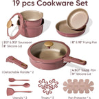 CAROTE 19 Pcs Pots and Pans Set, Nonstick Cookware Sets with Detachable Handle, Titanium Reinforced, Oven Safe, Cookware Non Stick Cooking Set w/Frying Pans & Saucepans Red(PFOS, PFOA Free)