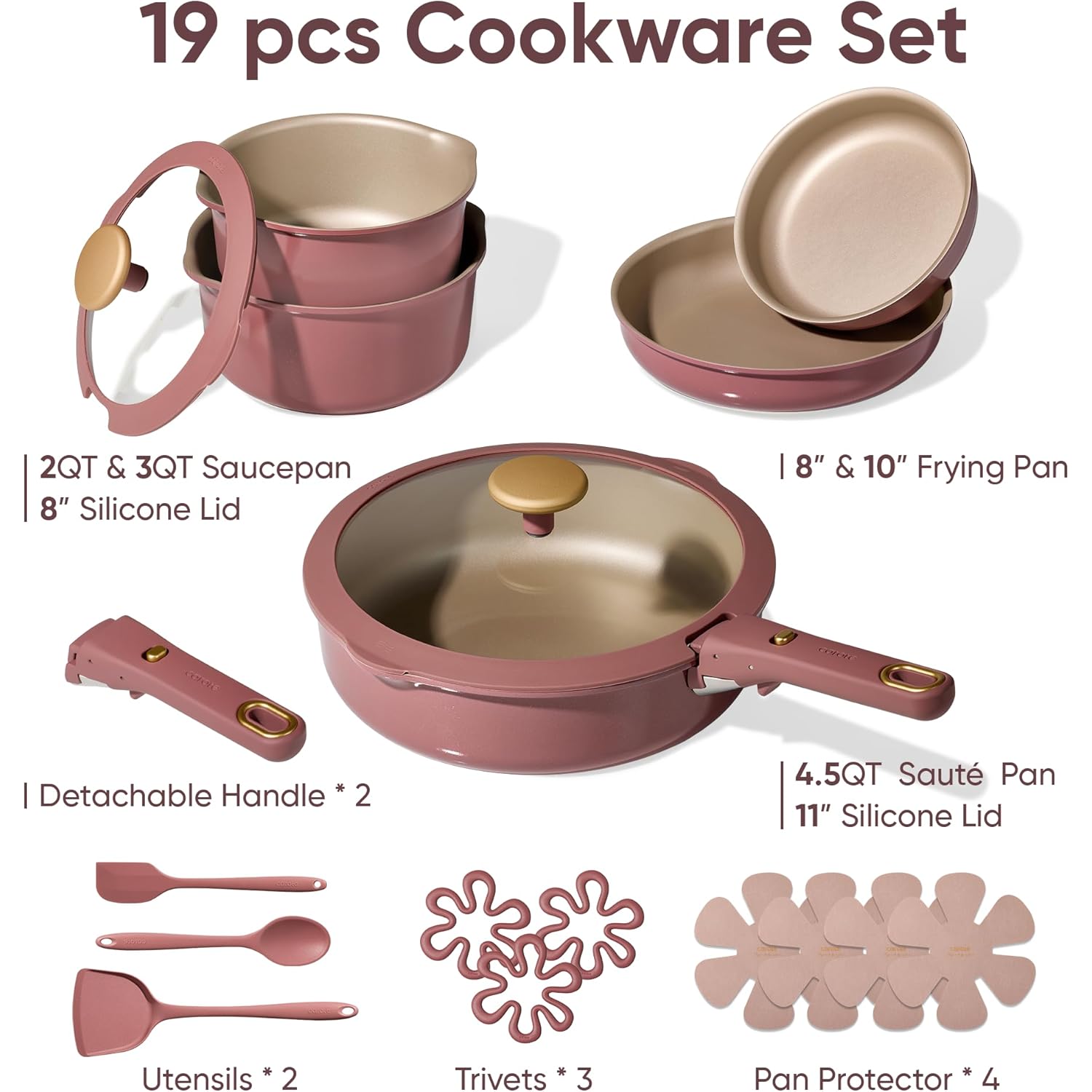 CAROTE 19 Pcs Pots and Pans Set, Nonstick Cookware Sets with Detachable Handle, Titanium Reinforced, Oven Safe, Cookware Non Stick Cooking Set w/Frying Pans & Saucepans Red(PFOS, PFOA Free)