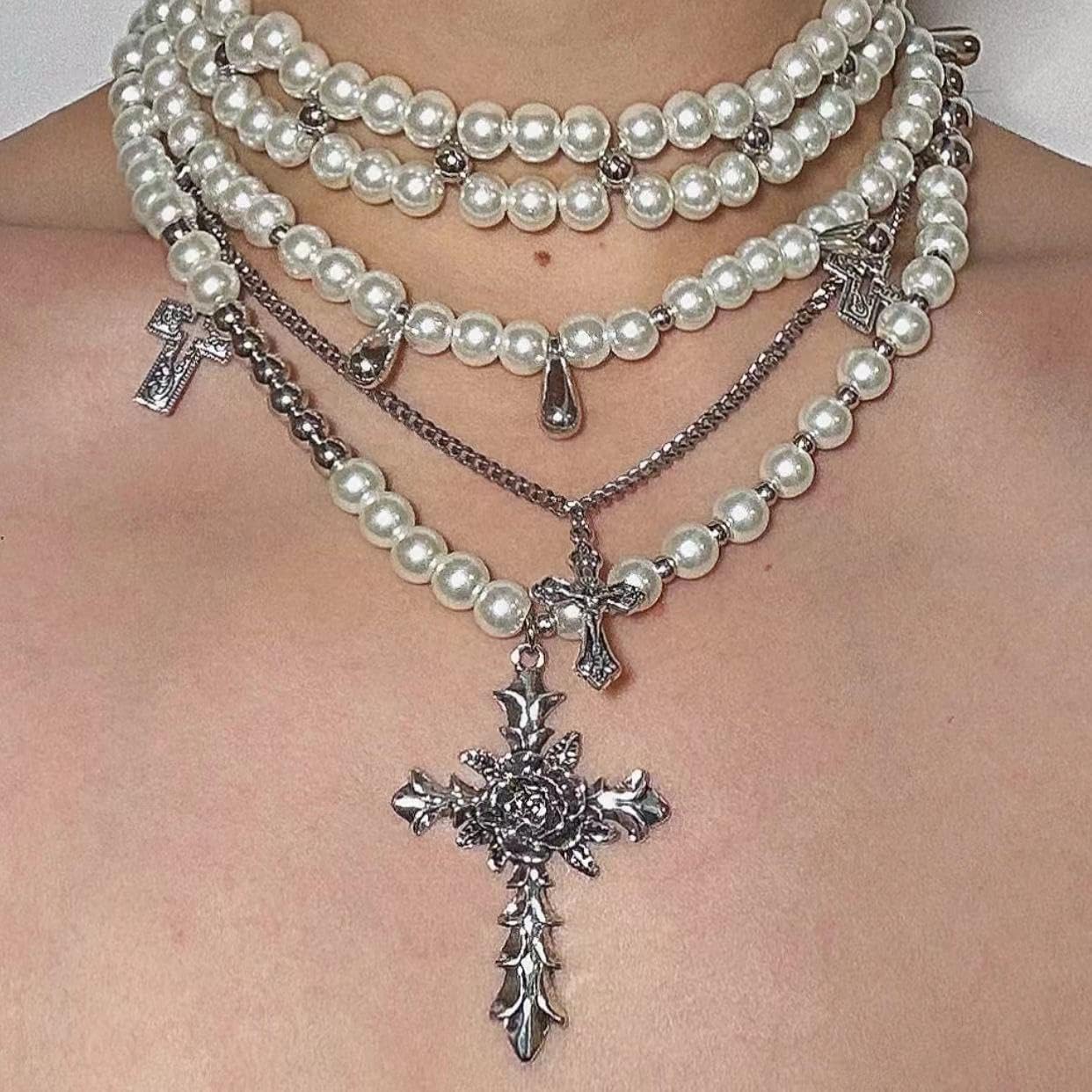 Layered Pearl Necklace Gothic Cross Pearl Stacked Necklace for Women