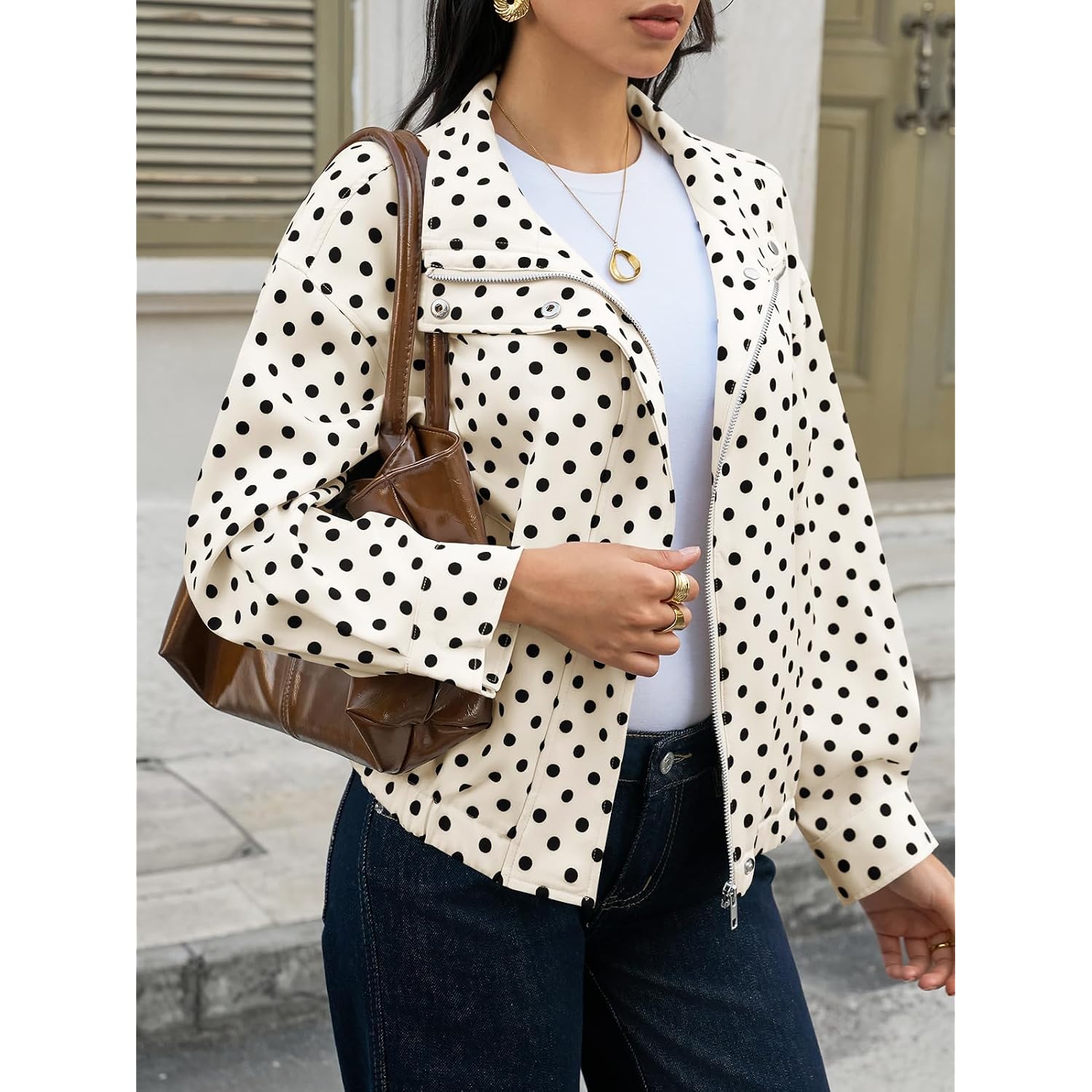 Tankaneo Womens Zip Up Cropped Jackets Polka Dot Oversized Jackets Spring Lightweight Trendy Casual Coats