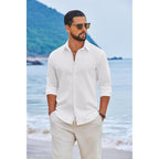 Coofandy Men'S Casual Button Down Shirts Long Sleeve Cotton Beach Wedding Shirt Summer Linen Shirt For Men