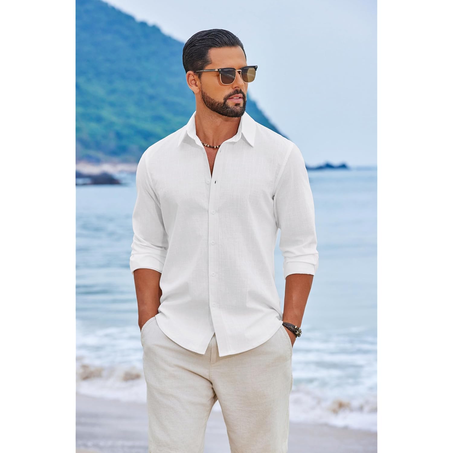 Coofandy Men'S Casual Button Down Shirts Long Sleeve Cotton Beach Wedding Shirt Summer Linen Shirt For Men