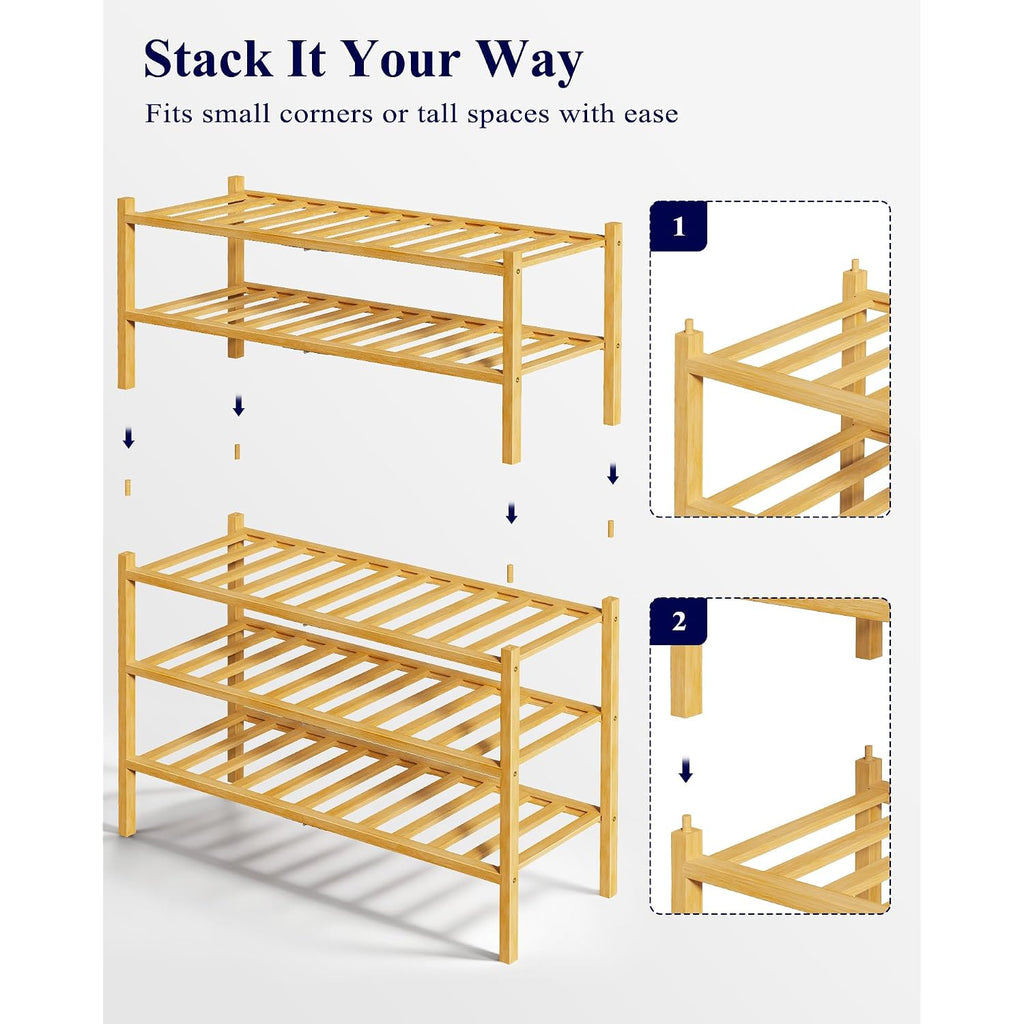 Kitsure Bamboo Wooden Shoe Rack For Closet - Stackable Shoe Organizer With Modular Structure, Space-Saving Shoe Shelf For Entryway, Living Room, Bedroom, 26.8" X 11" X 18.9", Natural