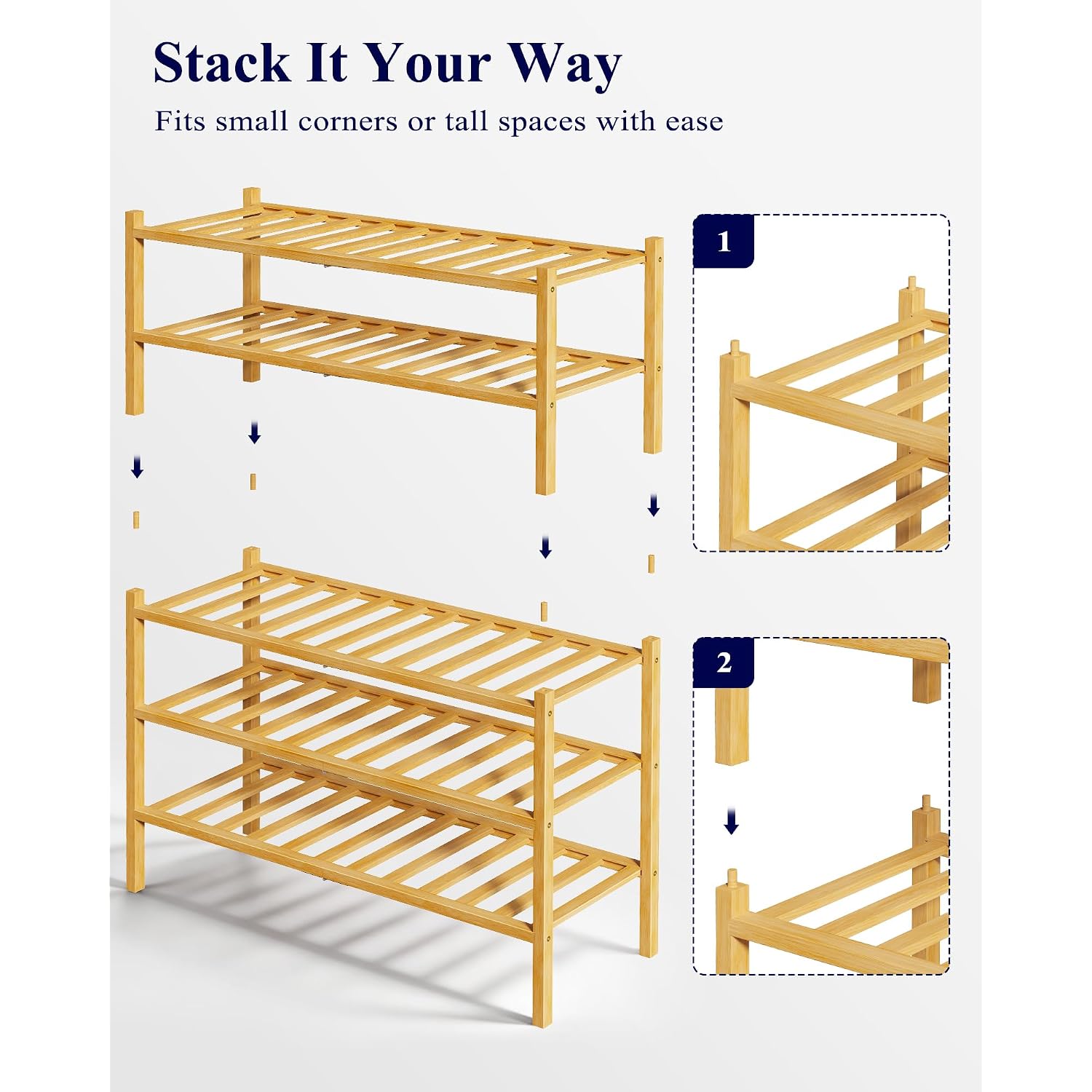 Kitsure Bamboo Wooden Shoe Rack For Closet - Stackable Shoe Organizer With Modular Structure, Space-Saving Shoe Shelf For Entryway, Living Room, Bedroom, 26.8" X 11" X 18.9", Natural