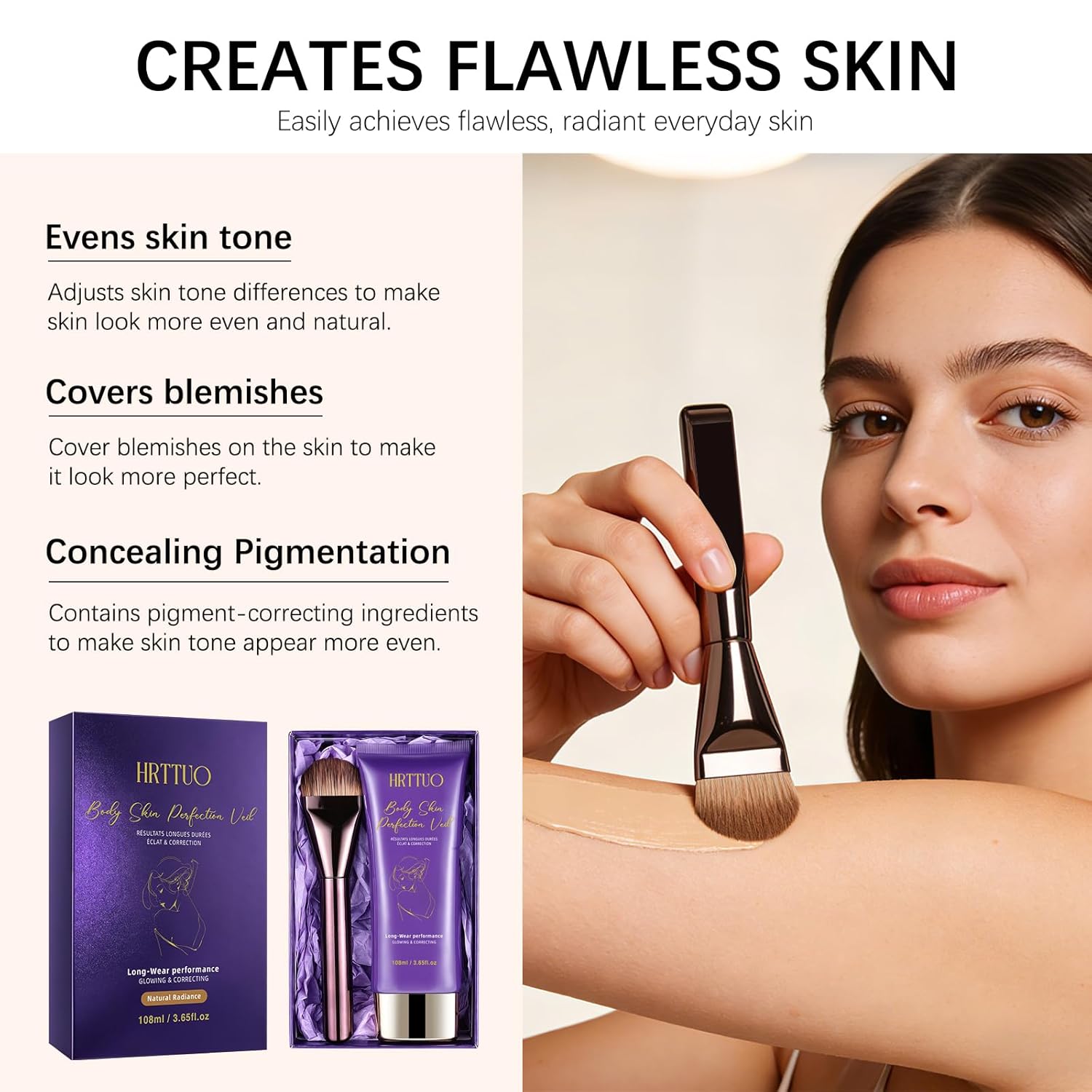 Body Coverage Perfector with Brush - Waterproof Leg & Body Makeup for Skin Imperfections & Uneven Tone, Transfer-Resistant Natural Finish Concealer, Flawless Looking Legs (Natural Radiance)