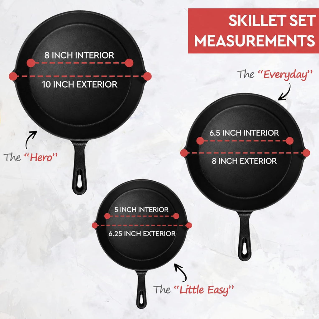 Cast Iron Skillet 3-Piece Set W/Cookbook - Heavy-Duty Professional Restaurant Chef Quality Pre-Seasoned Pan Cookware - 10", 8", 6.25" Pans - For Frying, Saute, Cooking, Pizza - Black