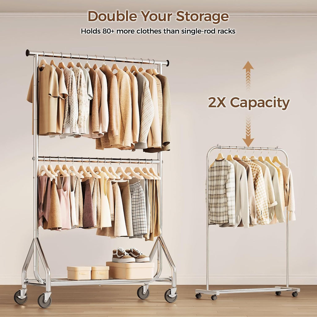 Hyseyy Heavy Duty Clothes Rack, Double Rod Clothing Rack For Hanging Clothes, Rolling Garment Rack, Adjustable Freestanding Wardrobe Closet Coat Rack For Bedroom Laundry Living Room, Silver