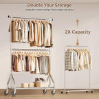 Hyseyy Heavy Duty Clothes Rack, Double Rod Clothing Rack For Hanging Clothes, Rolling Garment Rack, Adjustable Freestanding Wardrobe Closet Coat Rack For Bedroom Laundry Living Room, Silver