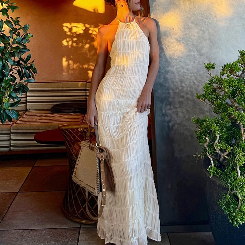 Abyovrt Women Backless Dress Sleeveless Textured Halter Open Back Maxi Dresses Vacation Wedding Guest