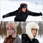 Winter Fur Hat with Removable Face Mask Fuzzy Russian Ushaka Furry Trapper Hat with Ear Flaps for Women Men Skiing Hiking