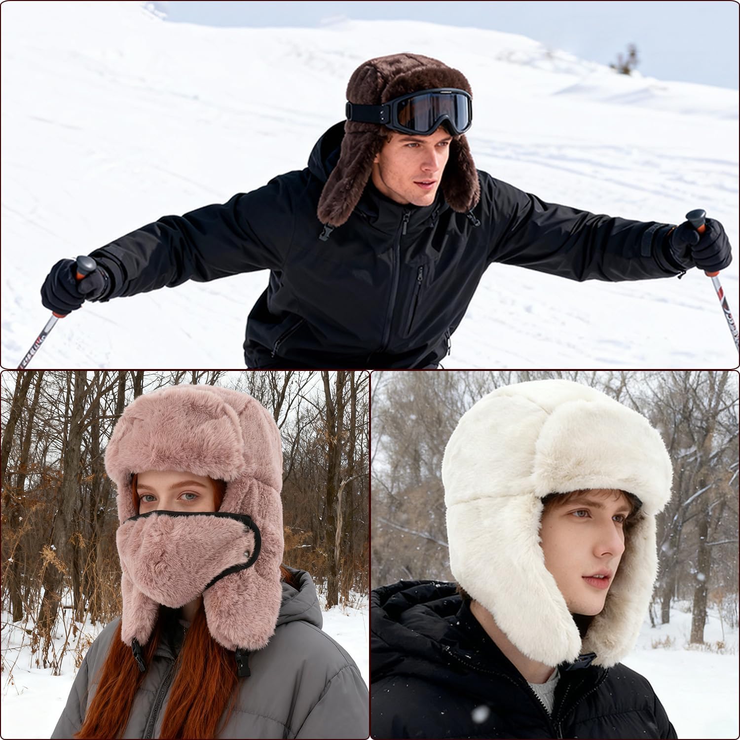 Winter Fur Hat with Removable Face Mask Fuzzy Russian Ushaka Furry Trapper Hat with Ear Flaps for Women Men Skiing Hiking