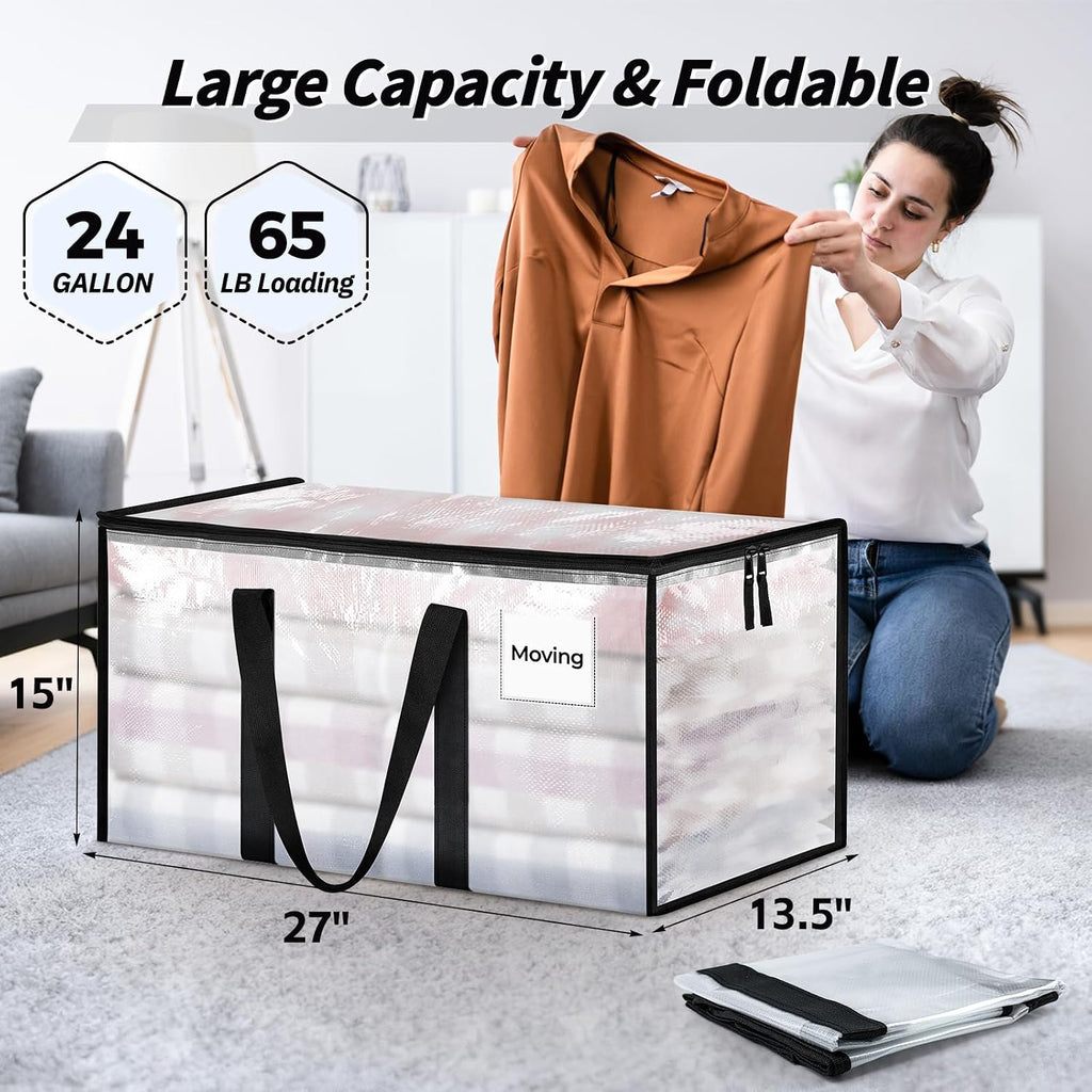 8 Pack Extra Large Heavy Duty Moving Bags, Clear Storage Bins With Lids, Reinforced Handles & Heavy-Duty Zippers Moving Boxes Storage Bags Totes For Clothes Packing, Dorms, College Supplies, Clear