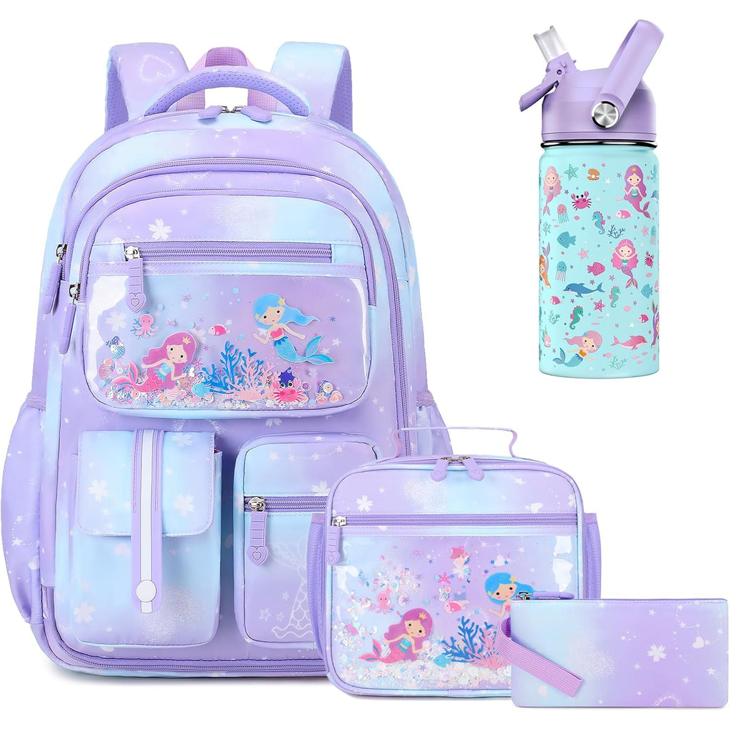 Acesak Kids School Backpack For Girls, Mermaids Bookbag Backpack With 14Oz Water Bottle, Lunch Bag Set For Girlsteens Middle Student, Girls Backpacks For School (Purple)