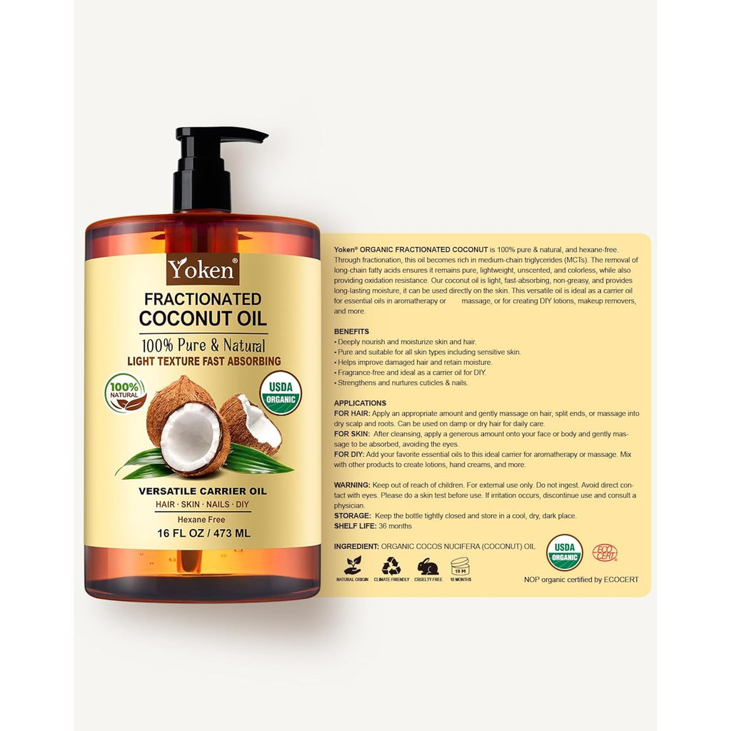Yoken Organic Fractionated Coconut Oil 16 Fl Oz, Liquid Coconut Oil For Skin, Moisturizer For Hair, Face, Body, Carrier Oil For Essential Oils Mixing, Massage, Usda Certified, Hexane Free, Unscented