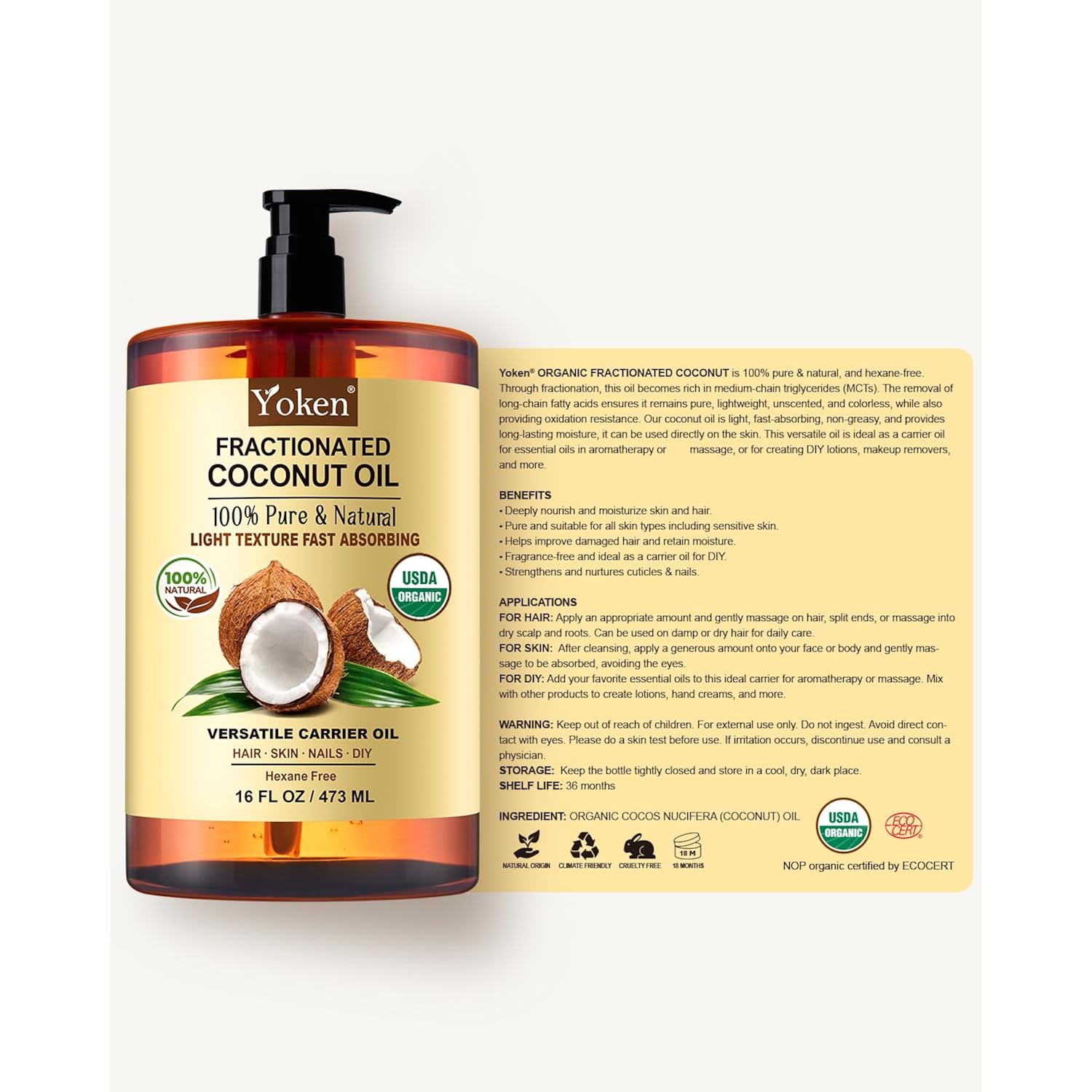 Yoken Organic Fractionated Coconut Oil 16 Fl Oz, Liquid Coconut Oil For Skin, Moisturizer For Hair, Face, Body, Carrier Oil For Essential Oils Mixing, Massage, Usda Certified, Hexane Free, Unscented